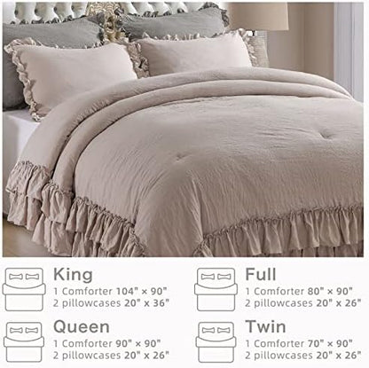 Masaca Twin Bedding Comforter Set with Ruffles,Shabby Boho Chic Taupe Farmhouse Comforter 3 Pieces (1 Kids Ruffled Comforter+2 Pillowcases) Ultra Soft Vintage French Country Bedding Sets
