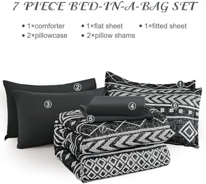 Yiran Black Comforter Set Full Size, Boho Aztec Comforter Bedding Set, 7 Piece Bohemian Summer Bed in a Bag, Soft Microfiber Striped Complete Bedding Set with Sheets for All Season