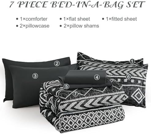 Yiran King Size Comforter Set, 7 Pieces Boho Bed in a Bag, Black Bedding Set for All Seasons, Lightweight Comforter Bed Set with Sheets, Pillowcases & Shams