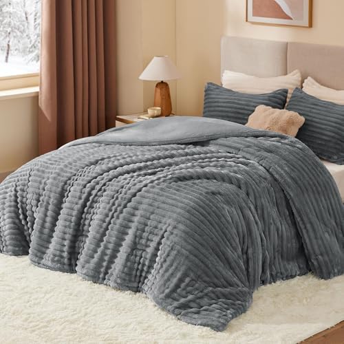 BEDELITE Fleece Full Comforter Set, Fluffy Bed Set, Grey