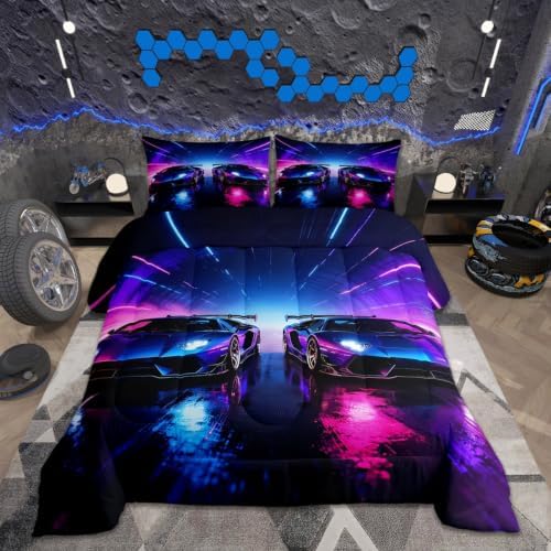 Feelyou Boys Race Car Comforter Set All Season Pink Racing Car Bedding Set with 1 Pillow Cases Speed Sports Microfiber Kids Toddler Bedclothes Bedroom Decor Duvet Quilt Breathable Soft Lightweight