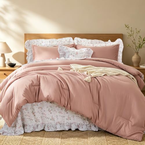 WONGS BEDDING 8PC King Comforter Set, Ruffle Comforter with Floral Sheets