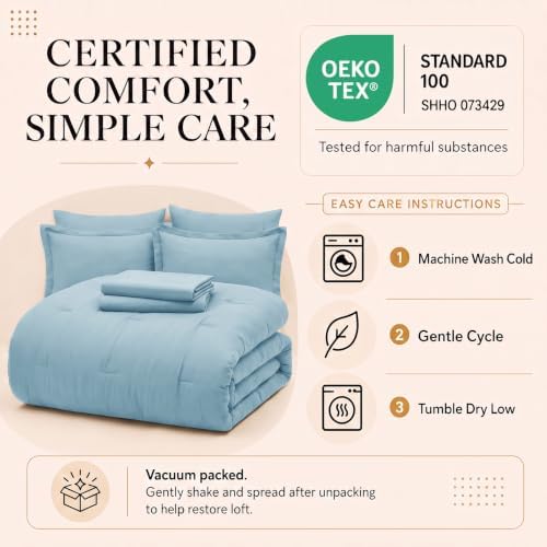 CozyLux Full Size Comforter Set Light Blue, 7 Pieces Bed in a Bag
