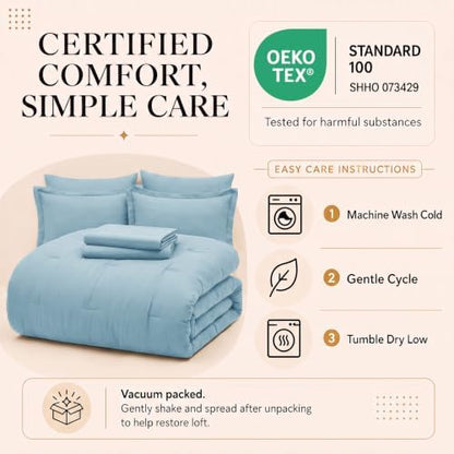CozyLux Full Size Comforter Set Light Blue, 7 Pieces Bed in a Bag
