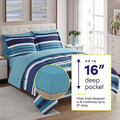 Sweet Home Collection 7 Piece Comforter Set Bag Solid Color All Season Soft Down Alternative Blanket & Luxurious Microfiber Bed Sheets, Marino, Twin