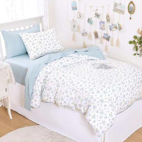 Wake In Cloud - Floral Comforter Set with Sheets, Coquette Cottagecore Aesthetic Flower Shabby Chic Pattern for Women Teen Girls, 5 Pieces Bed in a Bag, White Blue, Twin Size