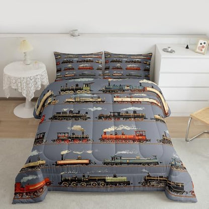 Feelyou Train Comforter Set Toddler Size Retro Steam Engine Train Bedding Set for Kids Boys Girls Vintage Transport Vehicle Duvet Quilt Bedroom Decor Microfiber 2 Pcs with 1 Pillow Cases