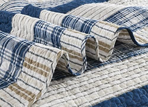 Homzard Queen Comforter Set - Blue White Tan Striped Queen Size Comforter Set,100% Cotton Plaid Quilts Queen Size Bedding Set, Farmhouse Bedspread Lightweight Bedding 3 Pieces All Season