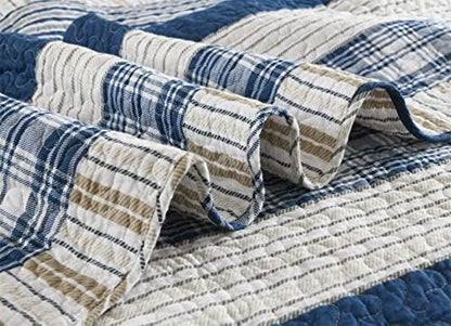 Homzard Queen Comforter Set - Blue White Tan Striped Queen Size Comforter Set,100% Cotton Plaid Quilts Queen Size Bedding Set, Farmhouse Bedspread Lightweight Bedding 3 Pieces All Season