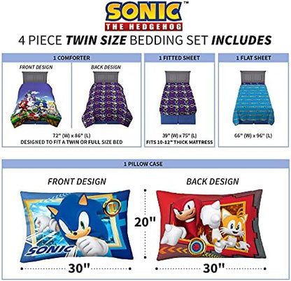 Franco Kids Bedding Super Soft Comforter and Sheet Set, 4 Piece Twin Size, Sonic The Hedgehog, Anime