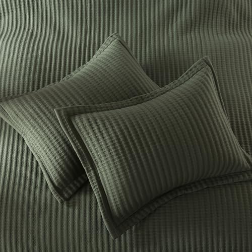 WDCOZY Olive Green Twin Size Quilt Set, Striped Pick Stitch Bedspread