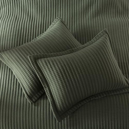 WDCOZY Olive Green Twin Size Quilt Set, Striped Pick Stitch Bedspread