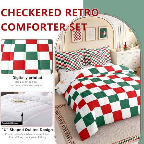 Feelyou Checkered Christmas Comforter Set with Sheets 7 Piece King Size Red Green Plaid Bedding Set for Kids Boys Girls Geometric Vintage Bed in a Bag Modern Simple Groovy Aesthetic Room Decor Soft