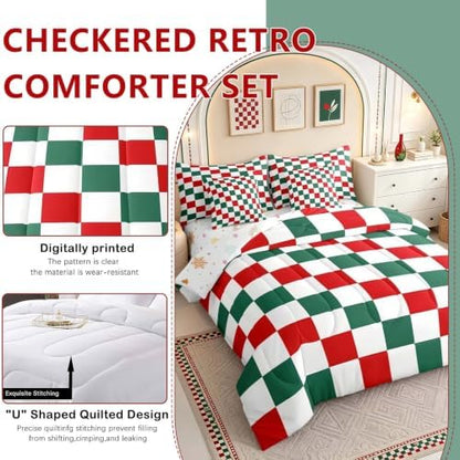 Feelyou Checkered Christmas Comforter Set with Sheets 7 Piece King Size Red Green Plaid Bedding Set for Kids Boys Girls Geometric Vintage Bed in a Bag Modern Simple Groovy Aesthetic Room Decor Soft