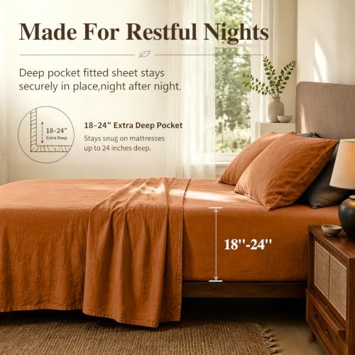 MEISHANG 100% French Linen Sheets Queen,4 Pcs,18-24" Extra Deep Pocket