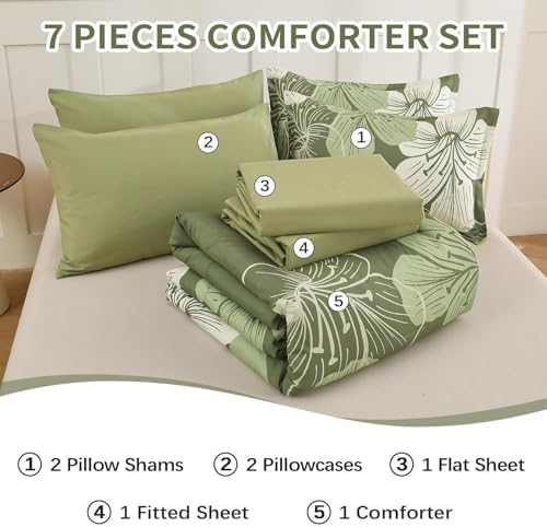 Luxudecor Full Size Comforter Set Olive Green, 7 Pieces Floral Bed in a Bag