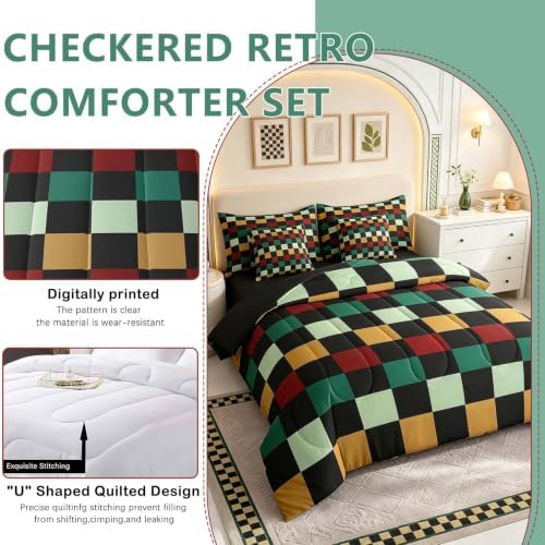 Checkered Retro Comforter Set With Sheets 7 Piece King Size Green Red Yellow Plaid Bedding Set for Kids Boys Girls Geometric Vintage Bed in a Bag Modern Simple Groovy Aesthetic Room Decor Soft