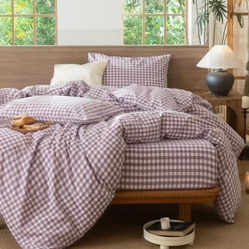 MooMee Gingham Duvet Cover Set 100% Washed Cotton Linen Like
