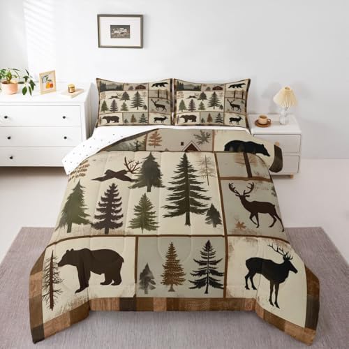 jejeloiu Bear Bedding Set Soft for Boys Girls, Deer Hunting Comforter Set Queen Size Wild Animal Duvet Quilt Microfiber Bedroom Decor 3 Pcs with 2 Pillow Cases