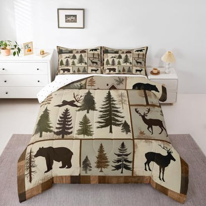 jejeloiu Bear Bedding Set Soft for Boys Girls, Deer Hunting Comforter Set Queen Size Wild Animal Duvet Quilt Microfiber Bedroom Decor 3 Pcs with 2 Pillow Cases