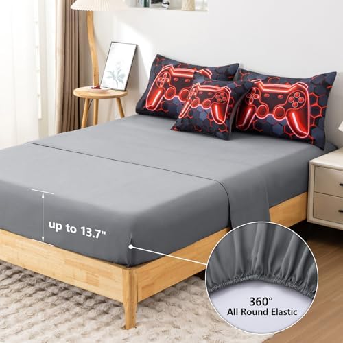 6Pcs Gamer Comforter Set with Sheets for Boys Girls Kids Teens, Colorful Gaming Themed Bed in A Bag Full Size, Black 3D Video Game Controller Bedroom Decor Bedding Set