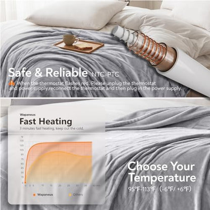 Wapaneus Foot Pocket Heated Blanket Electric Throw with 10 Heating Levels and 4 Timer Settings 4 Hours Auto Shut Off, Flannel Fast-Heating Heated Throw 50" x 60", ETL Listed Machine Washable, Grey