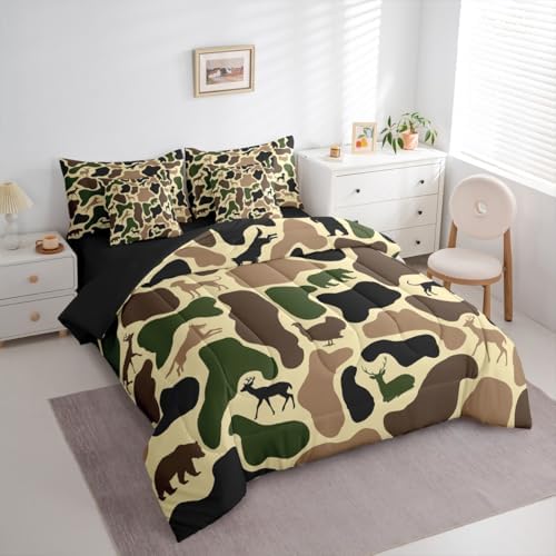 Erosebridal Turkey Wolf 7 Piece Bedding Set Full Camouflage Comforter Set with Sheets Yellow Camo Farmhouse Army Bed in a Bag Bear Hound Deer Animal Theme for Kids Boys Girls