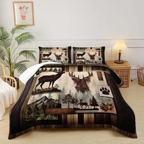 Deer Comforter Set Twin Size，Lodge Quilt Set Twin Size, Rustic Cabin Bedding Set Black Deer，Deer Themed Bedroom Decor with 1 Comforter with 2 Pillow Case