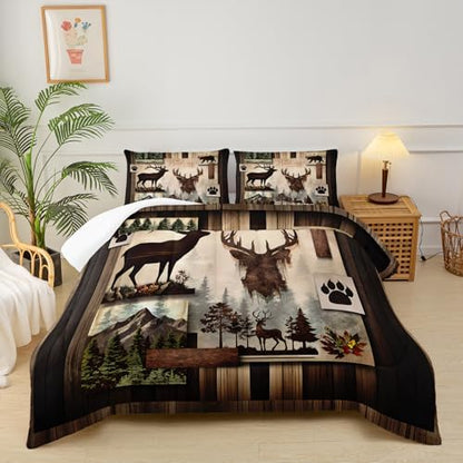 Deer Comforter Set Twin Size，Lodge Quilt Set Twin Size, Rustic Cabin Bedding Set Black Deer，Deer Themed Bedroom Decor with 1 Comforter with 2 Pillow Case