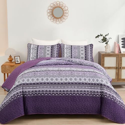 WONGS BEDDING Boho Quilt Queen Size,3 Pieces Purple Bedspread Bedding Set