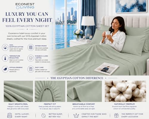 100% Egyptian Cotton Bed Sheets Queen Size 6-Piece Set, Deep Pocket, Sage