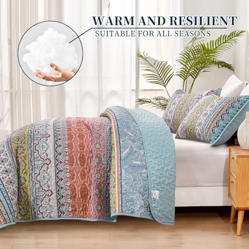 WONGS BEDDING Boho Quilts Queen Size, 3 Pieces Soft Bedspread, Pink Blue