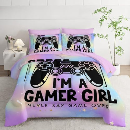 7Pcs Comforter Set Black Game Console Multi Color Printed Bedding Set with 1 Comforter,1 Flat Sheet,1 Fitted Sheet and 4 Pillowcases for Boys and Girls Bedroom All Season(Queen)