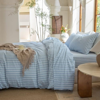 Striped Duvet Cover Set King Size 3 Piece 100% Washed Cotton Linen Feel Bedding Comfy Breathable Modern Farmhouse (King, Double Stripe-Light Blue/White)