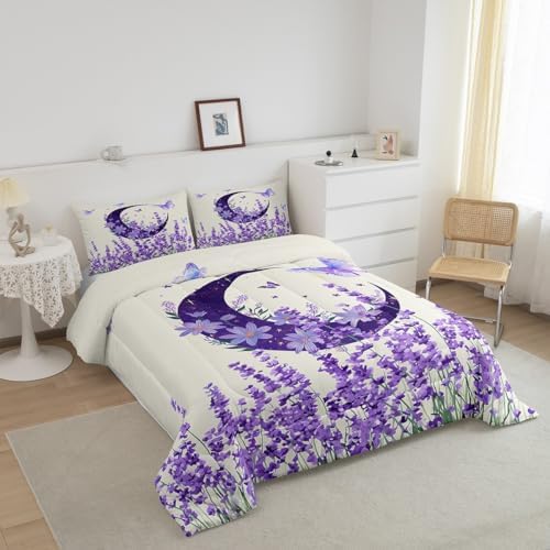 Manfei Lavender Comforter Set Full Size, Purple Moon Butterfly Print Bedding Set 3pcs for Kids Girls Bedroom Decor, Botanical Floral Quilt Set Boho Flower Duvet Set with 2 Pillowcases