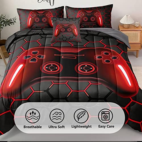 6 Pieces Gaming Bedding Set Queen Size for Boys Gamer Comforter Set for Boys Girls Kids Teens 6 Piece Bed in A Bag Video Game Bedding for Gamer Room Decorative Queen46