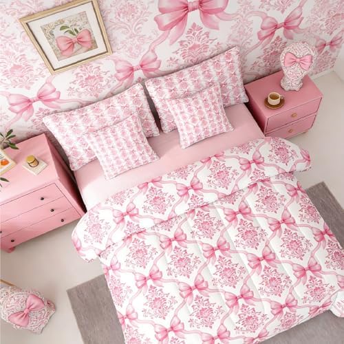 Erosebridal Pink Bow Decor Victorian King Size Comforter Set with Sheets | Antique Damask 7-Piece Bedding Set Gothic Baroque Floral Bow Bed in a Bag, Bohemian Bowknot Bed Sets