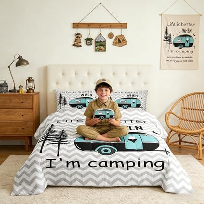 Manfei Kids Adults Camper Comforter Set Queen,Rustic Natural Farmhouse Grey Bedding Set 3pcs for Trailer RV Decor,Moonlight Wild Adventure Quilt Set,Sports Duvet Insert with 2 Pillowcases