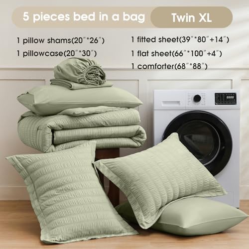 FreshCulture Comforter Set Seersucker 5 Pieces, All Season Bedding Set Twin XL, Bed in a Bag Comforter Set with Comforter, Flat Sheet, Fitted Sheet, Pillowcase and Pillow Sham, Sage