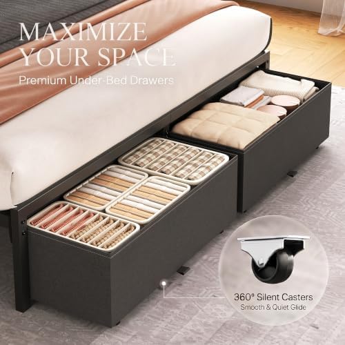 Full Bed Frame with Storage Drawers and Charging Station, Grey