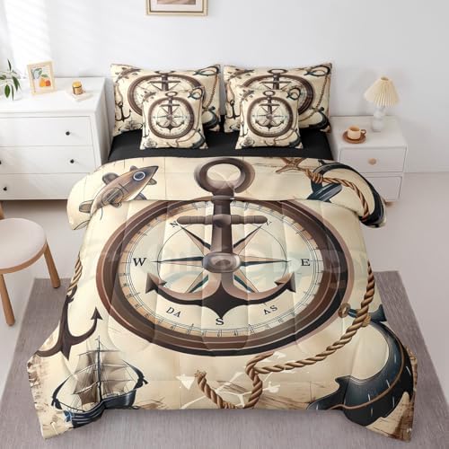 Erosebridal 7Pcs Nautical Anchor Comforter Set King Size,Vintage Compass Bedding Set for Kids Boys Girls,Sailboat Ocean Ship Bed in A Bag,Retro Brown Sheet Set with Comforter