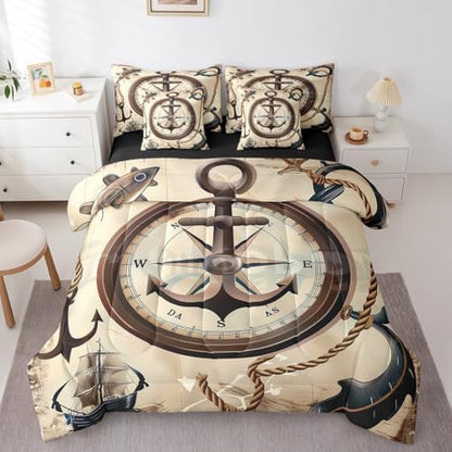 Erosebridal 7Pcs Nautical Anchor Comforter Set King Size,Vintage Compass Bedding Set for Kids Boys Girls,Sailboat Ocean Ship Bed in A Bag,Retro Brown Sheet Set with Comforter