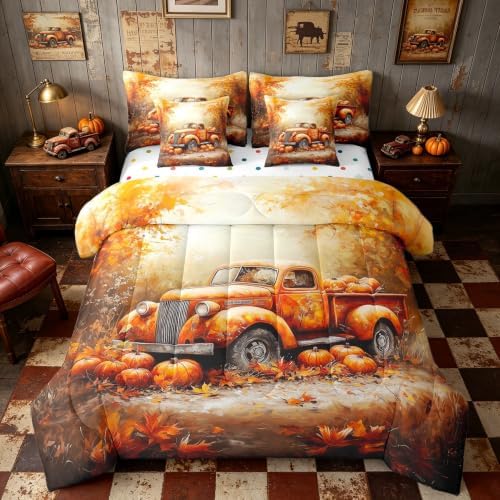 Erosebridal Autumn Truck Pumpkin Bed in A Bag with Sheets for Kids Boys Girls Fall Harvest Queen Comforter Set 7 Piece Maple Leaves Print Bedding Set Rustic Farmhouse Style Bed Set Holiday Decor