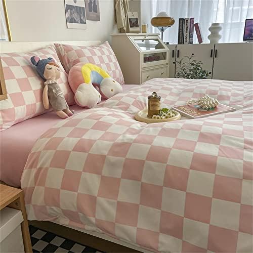 Wellboo Pink White Plaid Comforter Sets Queen Women Men Bean Pink and White Checkerboard Grid Bedding Comforters Cotton Boys Girls Modern Dusty Pink Checkered Geometric Quilts Luxury Abstract Bed