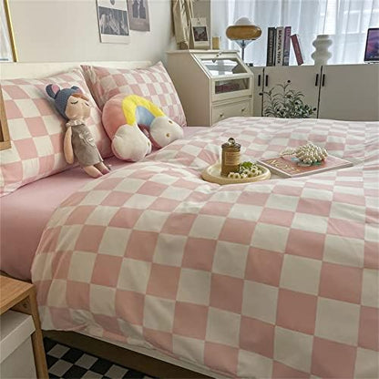 Wellboo Pink White Plaid Comforter Sets Full Women Men Bean Pink and White Checkerboard Grid Bedding Comforters Cotton Boys Girls Modern Dusty Pink Checkered Geometric Quilts Luxury Abstract Bed