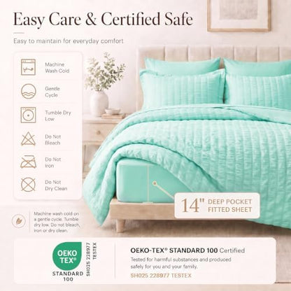 CozyLux Queen Comforter Set, 7 Pieces Mint Green Seersucker Bed in a Bag