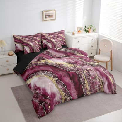 Erosebridal Marble Texture Bedding Set for Kids Teens,Golden Marble Grain Comforter Set Full Size,Retro Artwork (Comforter+Fitted+Flat Sheet+2 Pillowcases+2 Throw Pillow Covers) 7 Pieces Bed Set