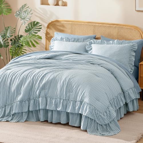Full Size Comforter Set Blue Gingham Ruffle 7 Pieces Farmhouse Bed in a Bag