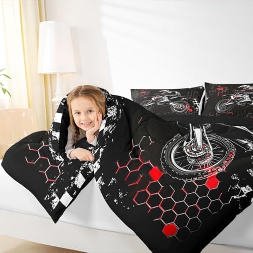 Castle Fairy Dirt Bike Twin Size Comforter Set for All Seasons,Extreme Sports Racing Car Bedding Set Teens Bedroom Decor,Red Geometric Honeycomb Comforter Inner Fill with 1 Pillowcase