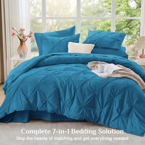 JOLLYVOGUE King Size Comforter Set 7 Pieces - Bed in a Bag King for All Season, Pintuck Bedding Comforter Sets with Comforter, Flat Sheet, Fitted Sheet and Pillowcases & Shams, Teal